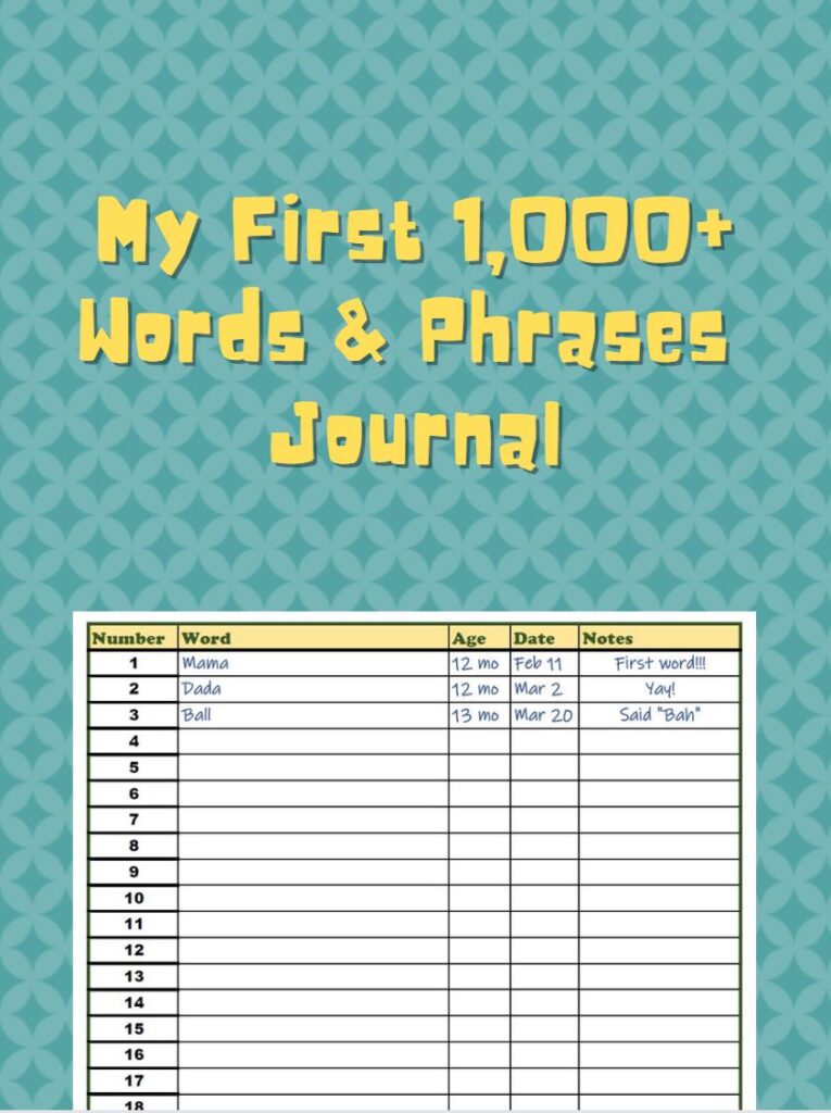 Cover of My First 1,000+ Words & Phrases Journal. Turquoise background with title in yellow. Upper half of journal sample page.